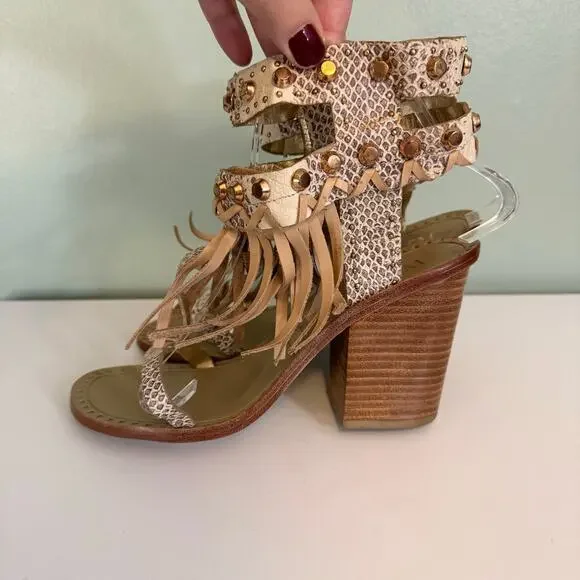 Ivy Kirzhner Sandals 9 Brown Snake Fringe Studded Hildagar Buckle Strappy Ankle